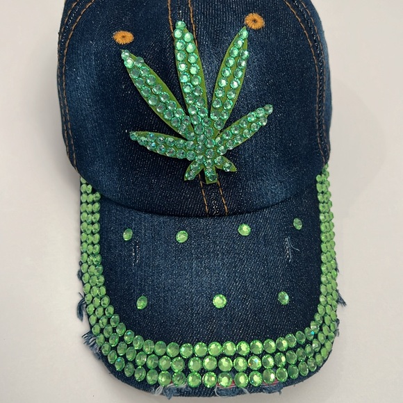 Denim Cotton Cap with Rhinestone Green Weed appliqué - Picture 2 of 5